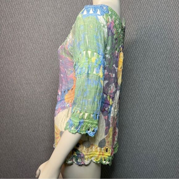 RAIN Crochet Multi-colored Tunic Top Size Small Bohemian Spring 3/4 Sleeve - Picture 8 of 11